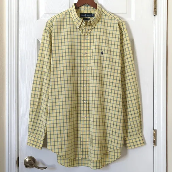 Ralph Lauren 90's Vintage Preppy Plaid Long Sleeve Button Down Shirt Yellow XL