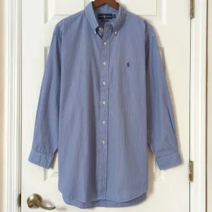 Ralph Lauren 90's Vintage Preppy Striped Long Sleeve Button Down Shirt Blue L