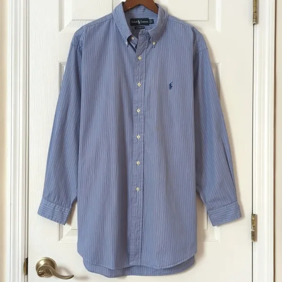 Ralph Lauren 90's Vintage Preppy Striped Long Sleeve Button Down Shirt Blue L