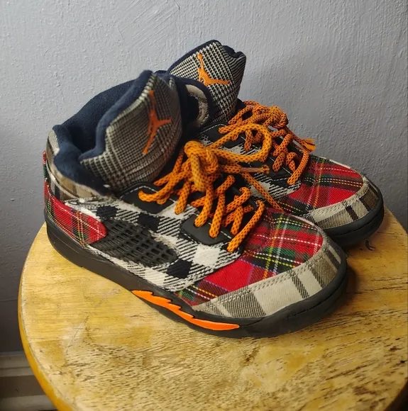 RARE Kids Air Jordan 5 Retro Plaid Patchwork 2 Youth High Top Sneakers