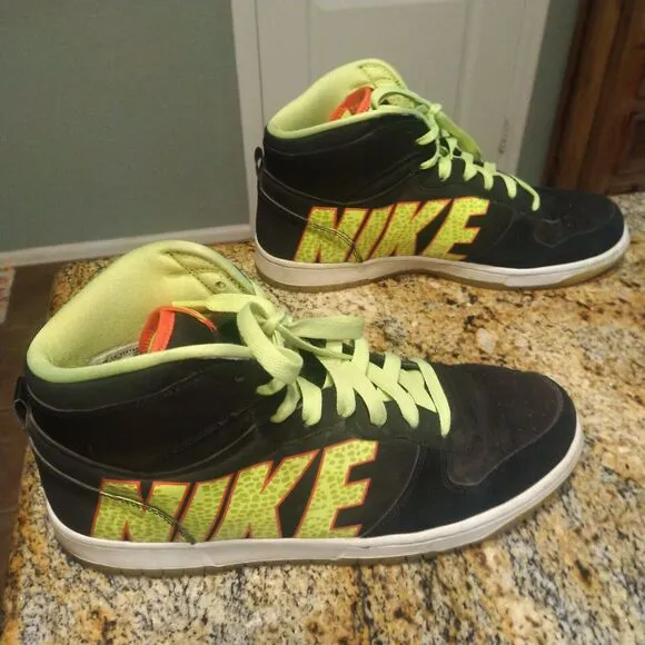 Rare Nike Men's Big Nike High Retro Black Neon Green Sneakers Size 13 366726-071