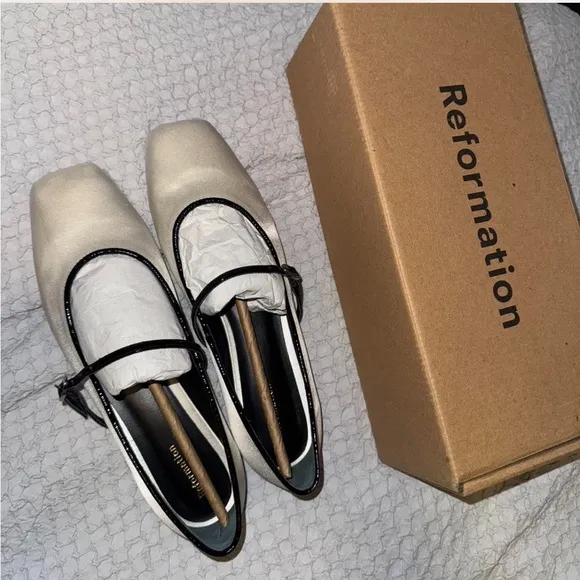 Reformation White and Black Flats with Square Toe