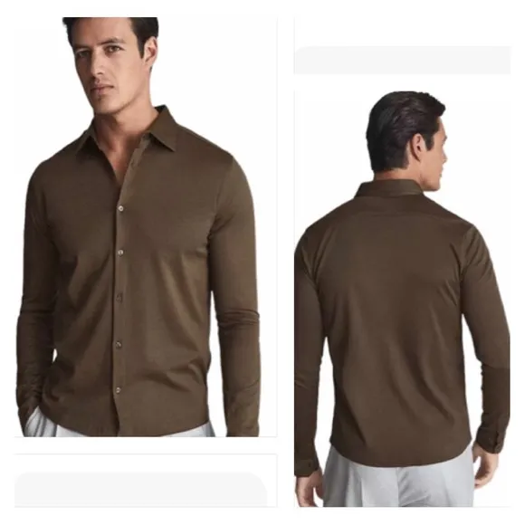 REISS BARON MERCERISED JERSEY BUTTON DOWN SHIRT IN BROWN Size  XS