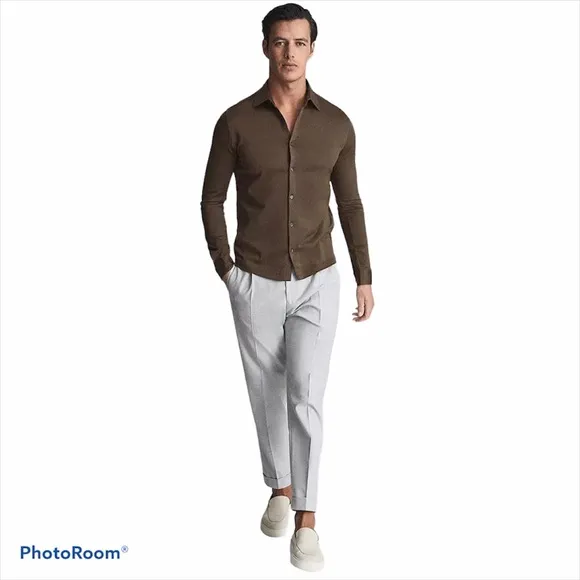 REISS BARON MERCERISED JERSEY BUTTON DOWN SHIRT IN BROWN Size  XS