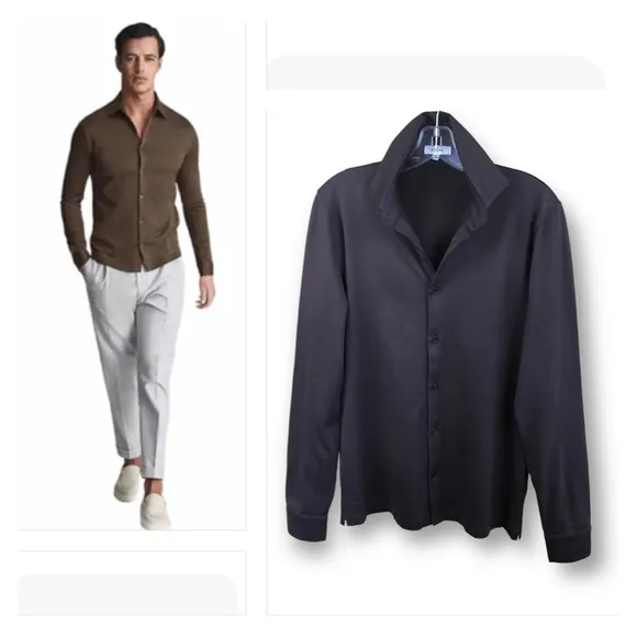 REISS BARON MERCERISED JERSEY BUTTON DOWN SHIRT IN BROWN Size  XS