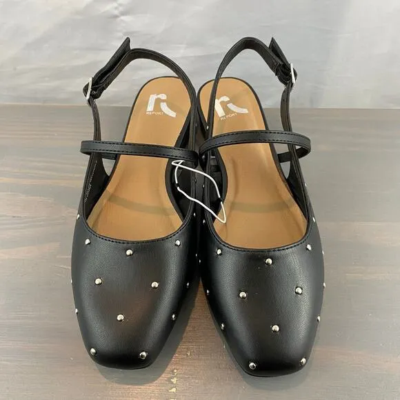 REPORT Studded Mary Jane Slingback Flat Women Size 8M Black Square Toe Shoes