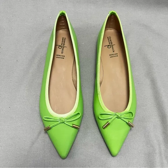 Ricardo Boccia Lime Green Vibrant Leather Pointed-Toe Flats Bow Italian 42