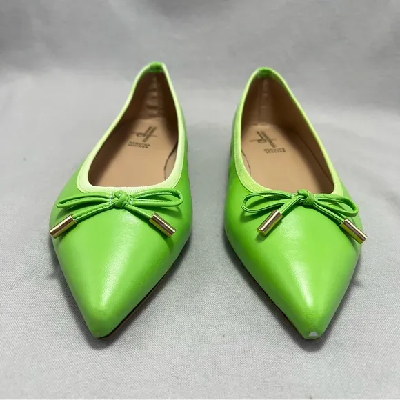 Ricardo Boccia Lime Green Vibrant Leather Pointed-Toe Flats Bow Italian 42