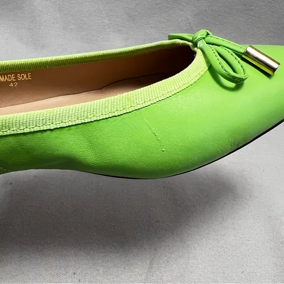 Ricardo Boccia Lime Green Vibrant Leather Pointed-Toe Flats Bow Italian 42