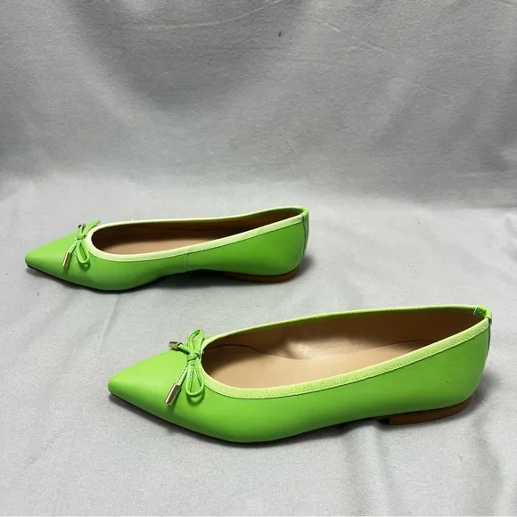 Ricardo Boccia Lime Green Vibrant Leather Pointed-Toe Flats Bow Italian 42