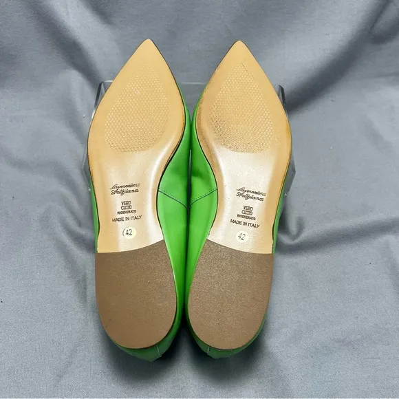 Ricardo Boccia Lime Green Vibrant Leather Pointed-Toe Flats Bow Italian 42