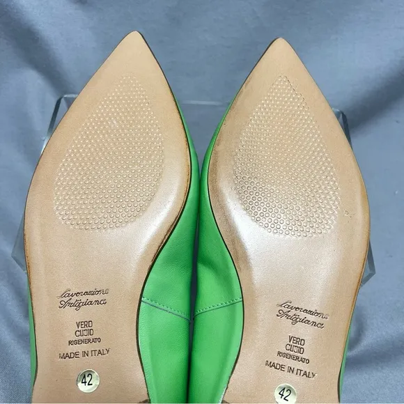 Ricardo Boccia Lime Green Vibrant Leather Pointed-Toe Flats Bow Italian 42