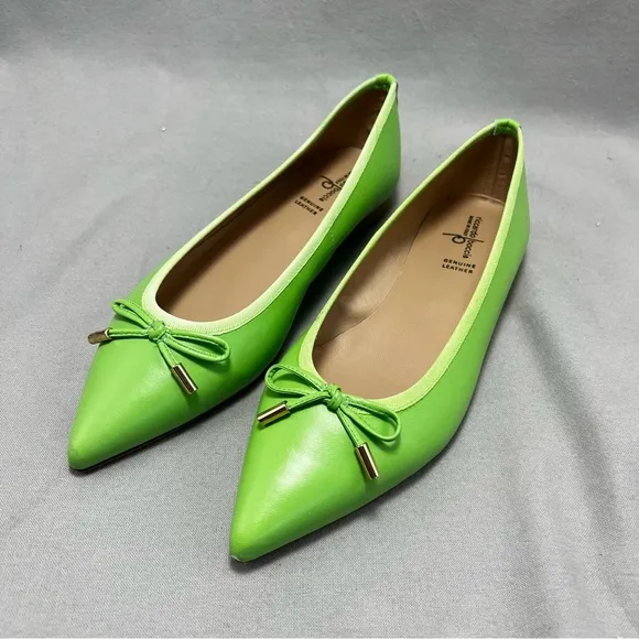 Ricardo Boccia Lime Green Vibrant Leather Pointed-Toe Flats Bow Italian 42