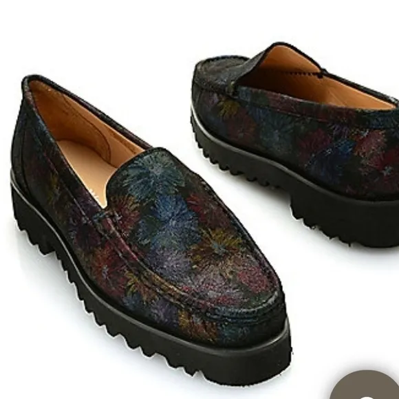 Ron White Rita Black Floral Metallic Floral Printed Cashmere Suede Loafers sz.42