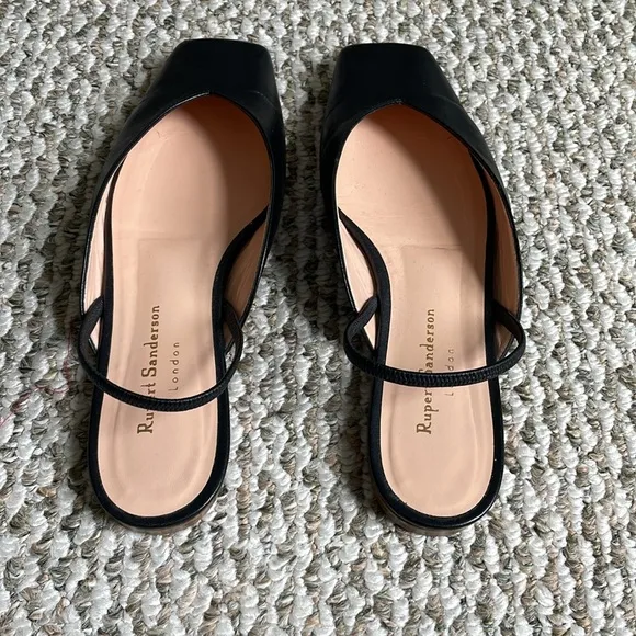 Rupert Sanderson Slingback Black Leather Square Toe Flats