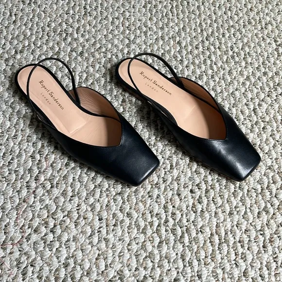 Rupert Sanderson Slingback Black Leather Square Toe Flats