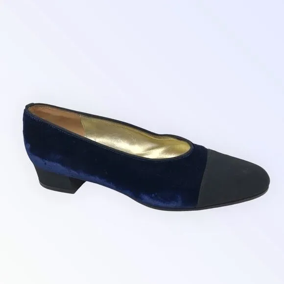 Saks Fifth Ave Blue Velvet &amp; Black Almond Toe Kitten Evening Heels Size 8B