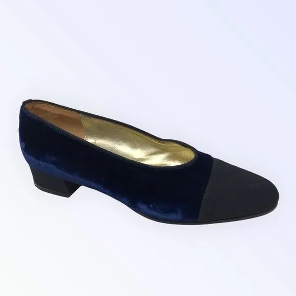 Saks Fifth Ave Blue Velvet &amp; Black Almond Toe Kitten Evening Heels Size 8B