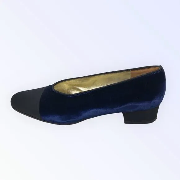 Saks Fifth Ave Blue Velvet &amp; Black Almond Toe Kitten Evening Heels Size 8B