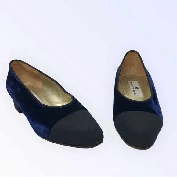 Saks Fifth Ave Blue Velvet &amp; Black Almond Toe Kitten Evening Heels Size 8B