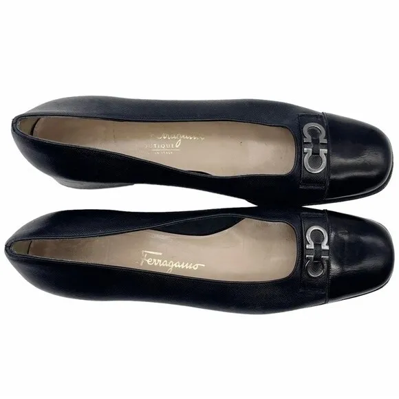 Salvatore Ferragamo Black Leather Double Gancini Heeled Loafer Size 7.5 AA