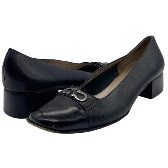 Salvatore Ferragamo Black Leather Double Gancini Heeled Loafer Size 7.5 AA