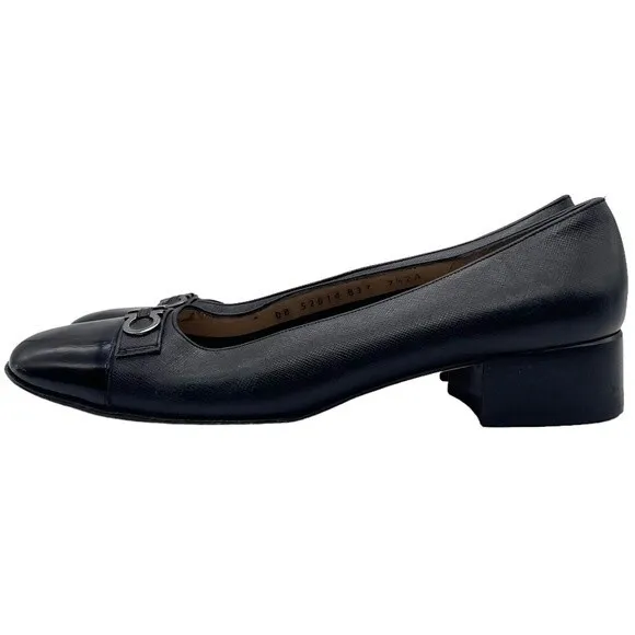 Salvatore Ferragamo Black Leather Double Gancini Heeled Loafer Size 7.5 AA