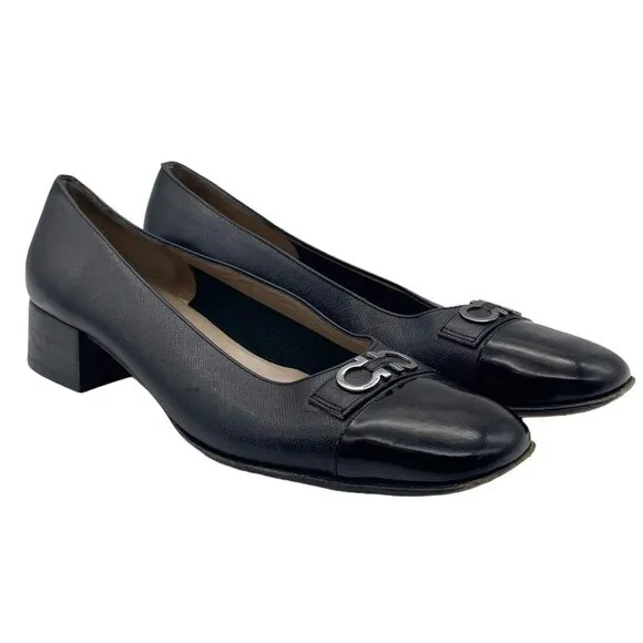 Salvatore Ferragamo Black Leather Double Gancini Heeled Loafer Size 7.5 AA