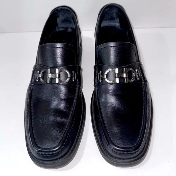 Salvatore Ferragamo Black Leather Loafers Mens 8.5 D Gancini Bit Italy Classic