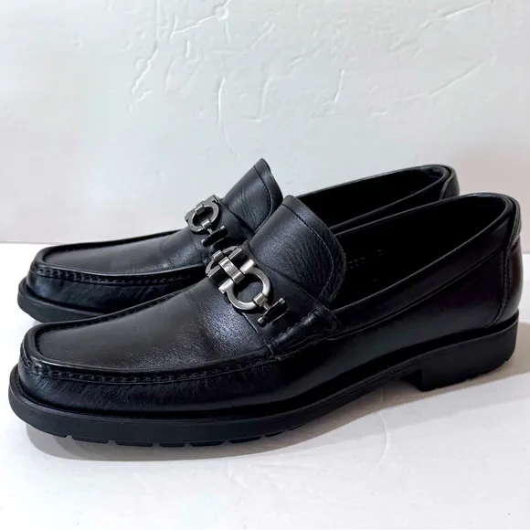 Salvatore Ferragamo Black Leather Loafers Mens 8.5 D Gancini Bit Italy Classic
