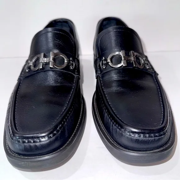 Salvatore Ferragamo Black Leather Loafers Mens 8.5 D Gancini Bit Italy Classic
