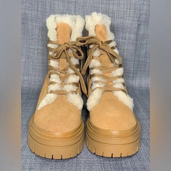 Sam Edelman Kyler 2 Caramel Suede Faux Shearling Combat Boots