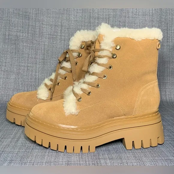 Sam Edelman Kyler 2 Caramel Suede Faux Shearling Combat Boots