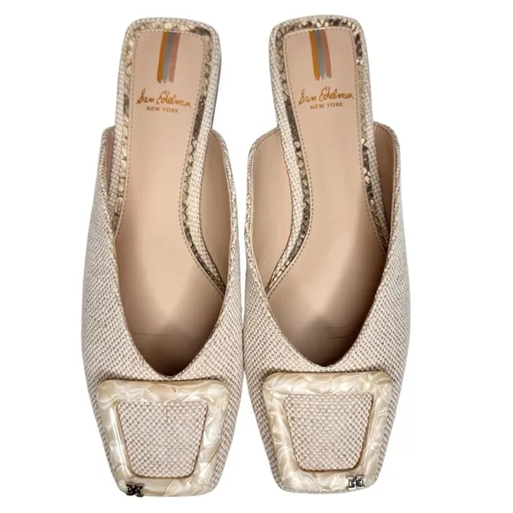Sam Edelman Lin Buckle Flats Natural Linen Mules SZ 6.5 Tan