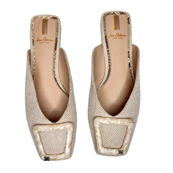 Sam Edelman Lin Buckle Flats Natural Linen Mules SZ 6.5 Tan