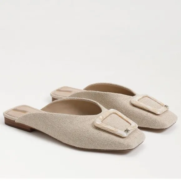 Sam Edelman Lin Buckle Flats Natural Linen Mules SZ 6.5 Tan