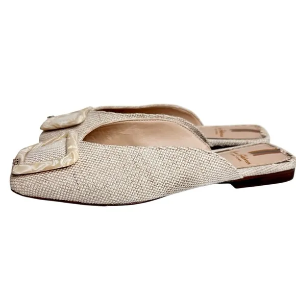 Sam Edelman Lin Buckle Flats Natural Linen Mules SZ 6.5 Tan