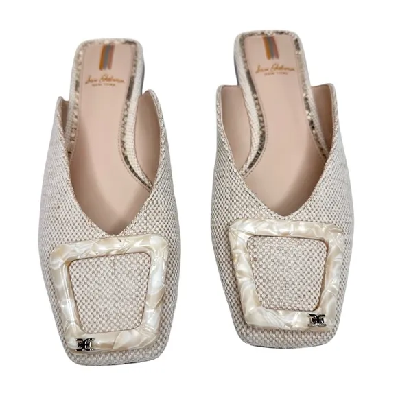 Sam Edelman Lin Buckle Flats Natural Linen Mules SZ 6.5 Tan