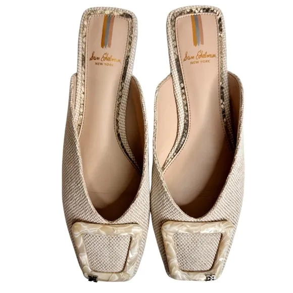 Sam Edelman Lin Buckle Flats Natural Linen Mules SZ 6.5 Tan