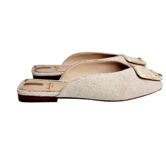Sam Edelman Lin Buckle Flats Natural Linen Mules SZ 6.5 Tan