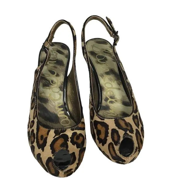 Sam Edelman Penelope Calf Hair Leather Nude Leopard Pump Peep Toe Heel 7.5 7 1/2