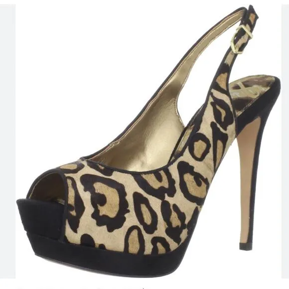 Sam Edelman Penelope Calf Hair Leather Nude Leopard Pump Peep Toe Heel 7.5 7 1/2