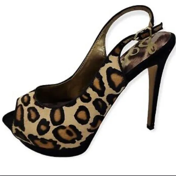 Sam Edelman Penelope Calf Hair Leather Nude Leopard Pump Peep Toe Heel 7.5 7 1/2