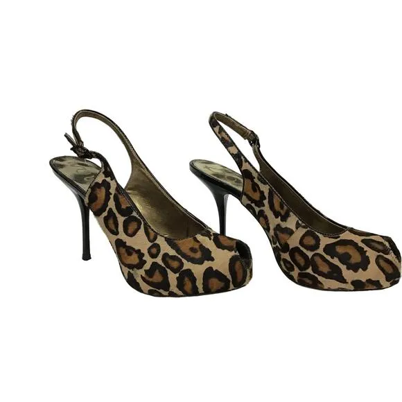 Sam Edelman Penelope Calf Hair Leather Nude Leopard Pump Peep Toe Heel 7.5 7 1/2