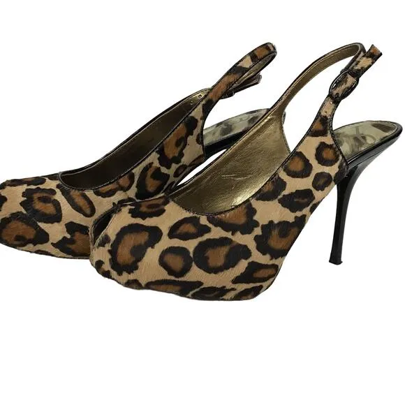 Sam Edelman Penelope Calf Hair Leather Nude Leopard Pump Peep Toe Heel 7.5 7 1/2