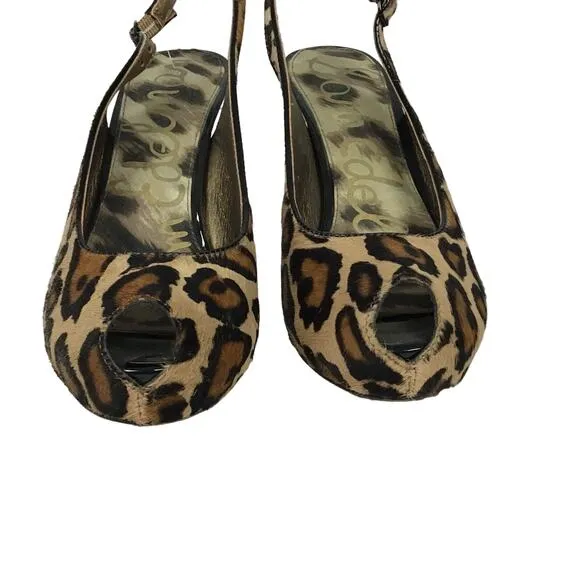 Sam Edelman Penelope Calf Hair Leather Nude Leopard Pump Peep Toe Heel 7.5 7 1/2