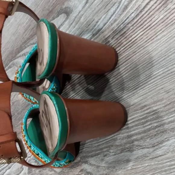 Sam Edelman Women's Yuri Green Camel Block Heels Ankle Strap Sandals Size 8.5M