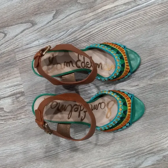Sam Edelman Women's Yuri Green Camel Block Heels Ankle Strap Sandals Size 8.5M