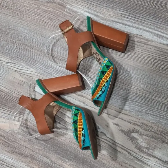 Sam Edelman Women's Yuri Green Camel Block Heels Ankle Strap Sandals Size 8.5M