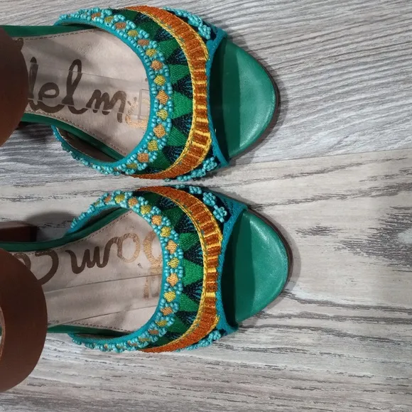 Sam Edelman Women's Yuri Green Camel Block Heels Ankle Strap Sandals Size 8.5M
